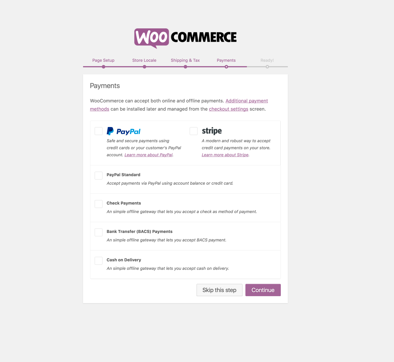 New payment options are now presented in the WooCommerce onboarding wizard.