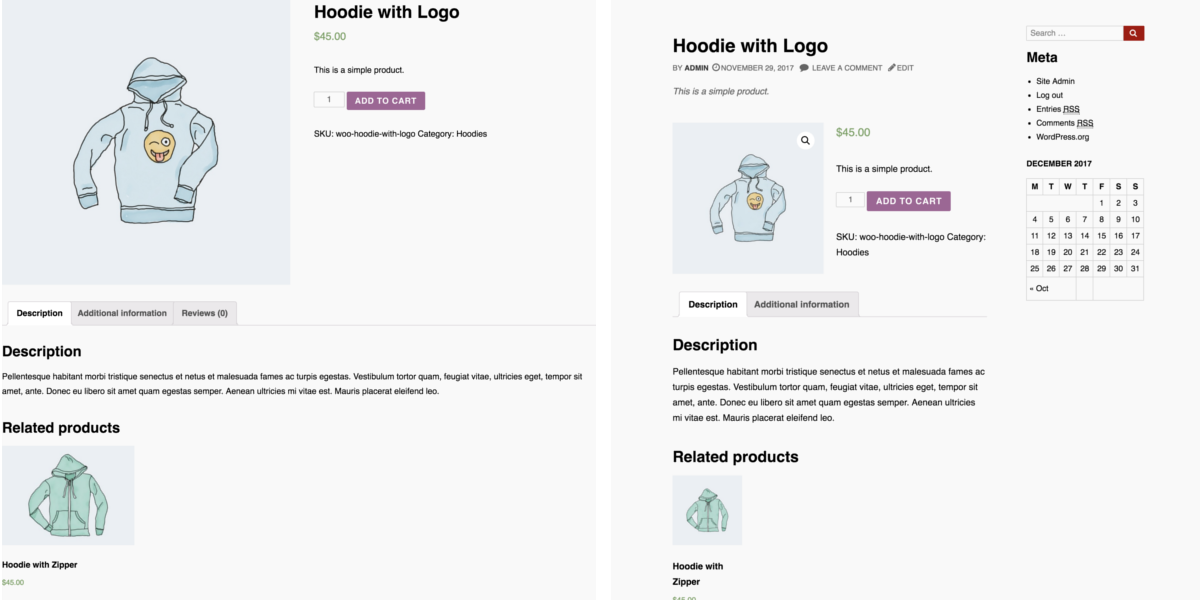 Comparison of WooCommerce store running Bassist theme and WC 3.2 (left) and WC 3.3 (right)