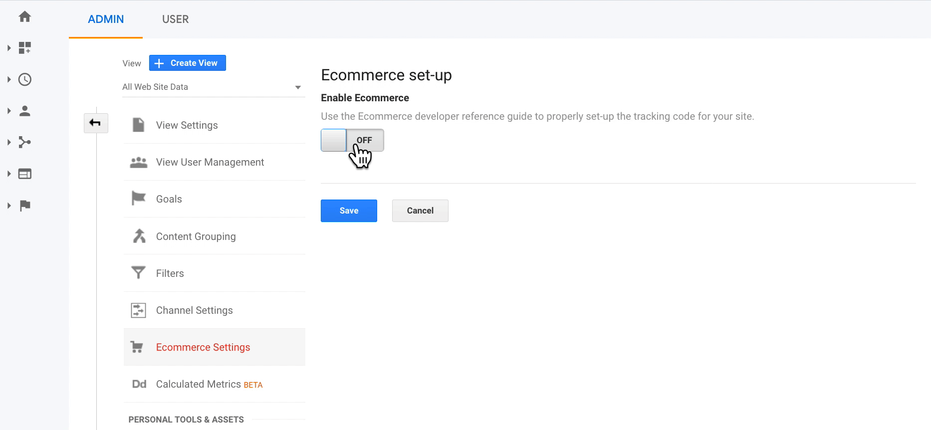 Set Enable Ecommerce to On. Set Enable Enhanced Ecommerce Reporting to on. Click save.