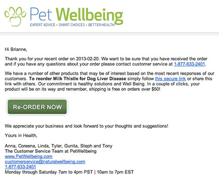 A re-order suggestion email for pet food. 