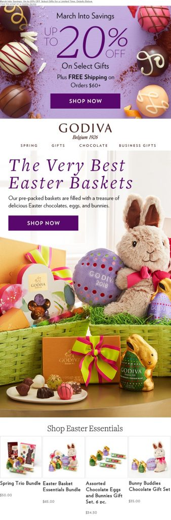 Godiva’s Easter special email has a holiday-theme with customized holiday specific offers.