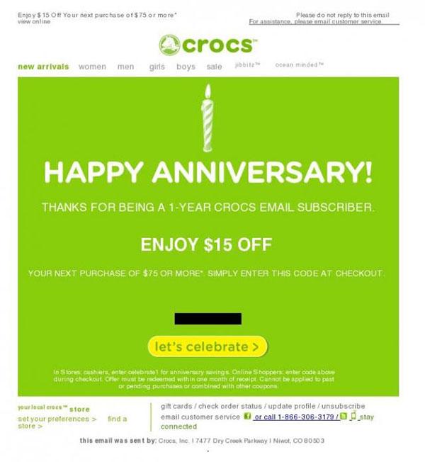Celebrating a milestone: Crocs wish a customer well on the anniversary of joining their mailing list.