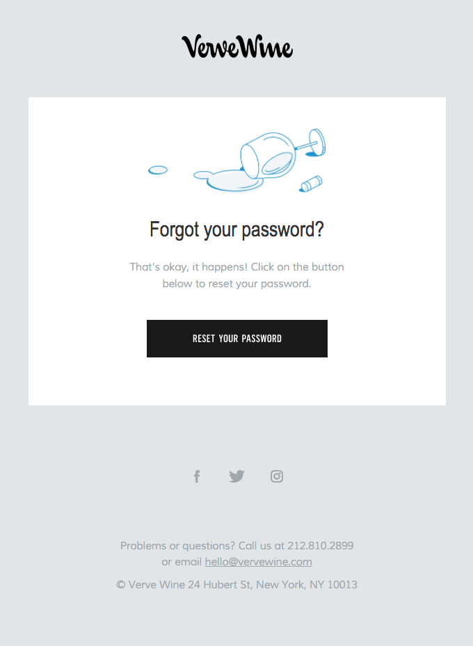 Not the most exciting moment for a customer, but good design and humorous email copy can make resetting a password a little less ordinary. Image source: ReallyGoodEmails