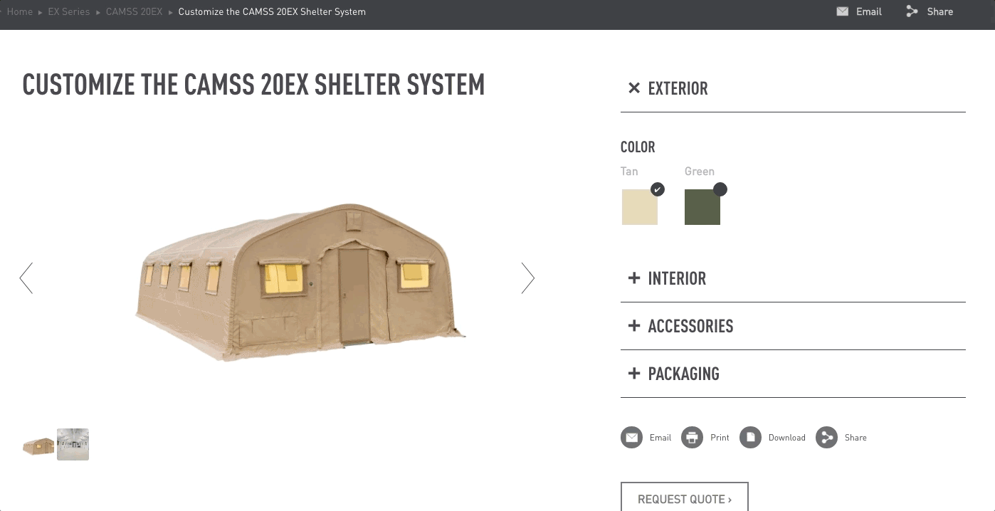 A short screencast showing the configurator in action, customizing the exterior of a CAMSS shelter
