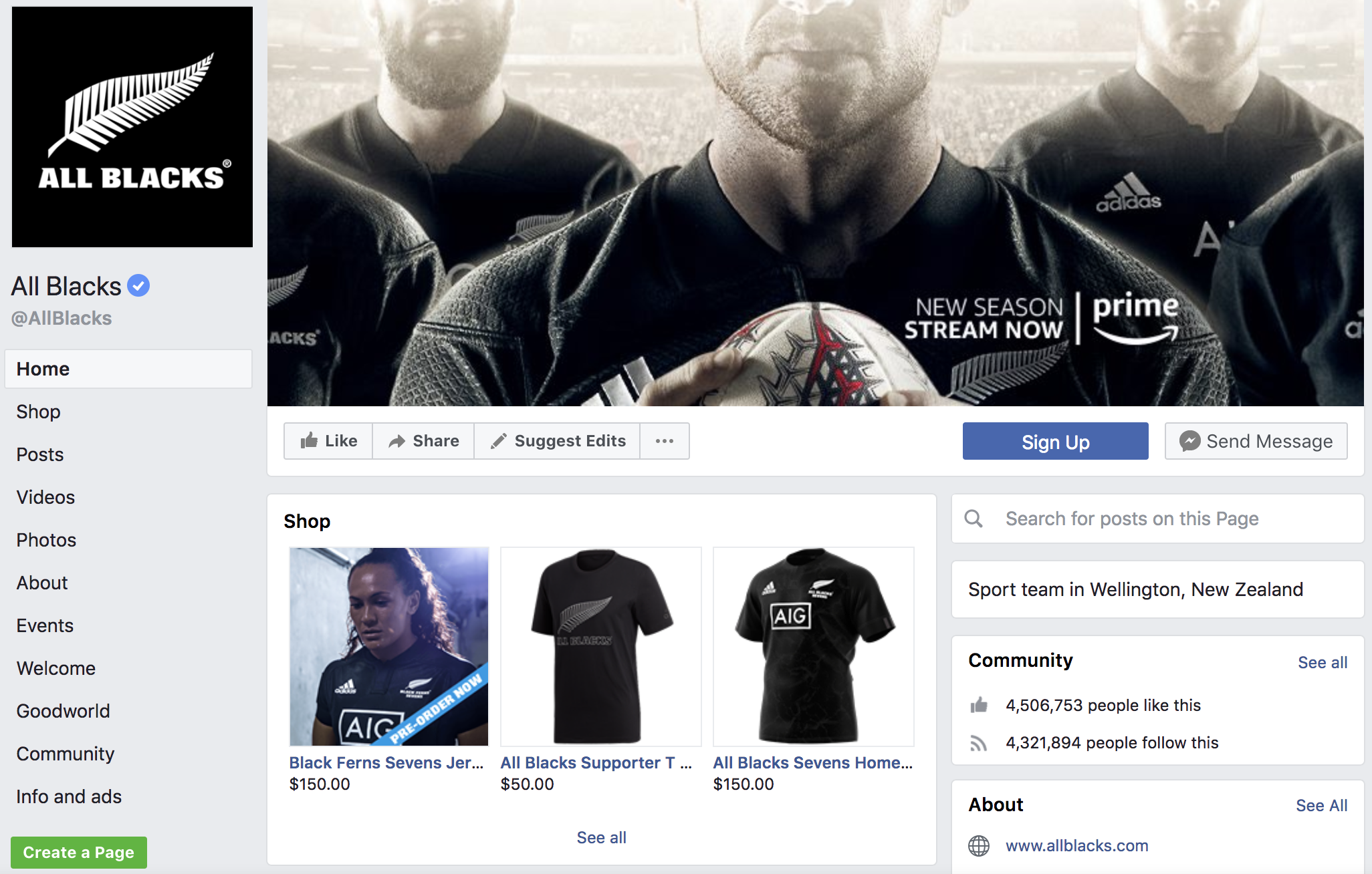 The Facebook for WooCommerce extension pulls products from WooCommerce onto the official All Blacks Facebook page.