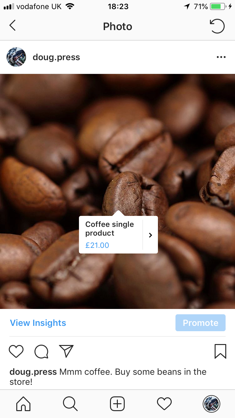 Screenshot of the Instagram app showing an image tagged with a product