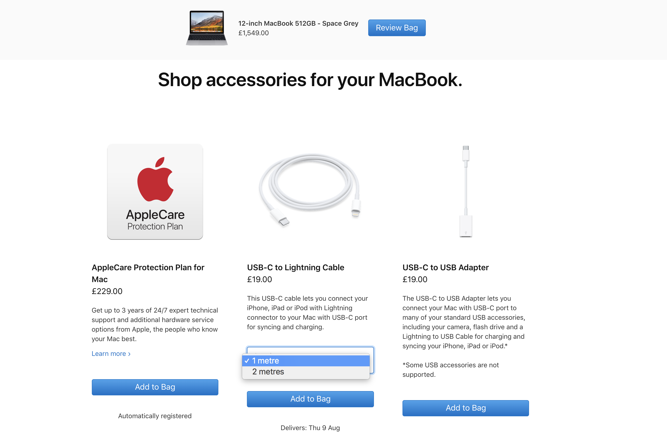 Apple make extensive use of cross-sells. In this example you can see accessory and service cross-selling – plus a cheeky upsell for a longer Lightning Cable!