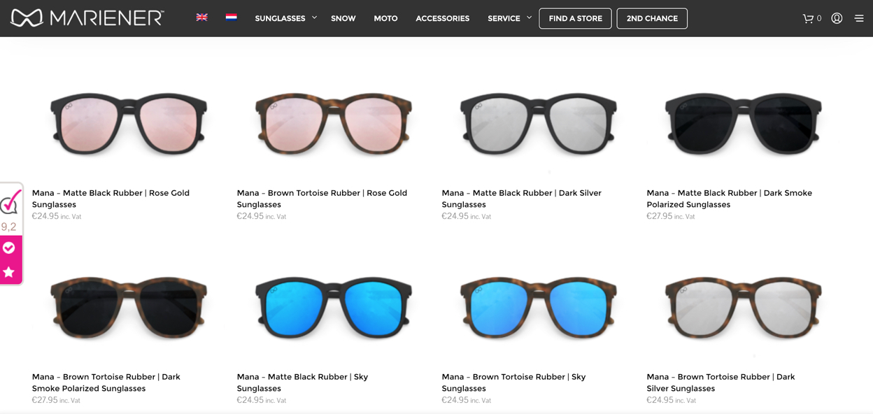 An example of the wide range of sunglass models and styles Mariener have available