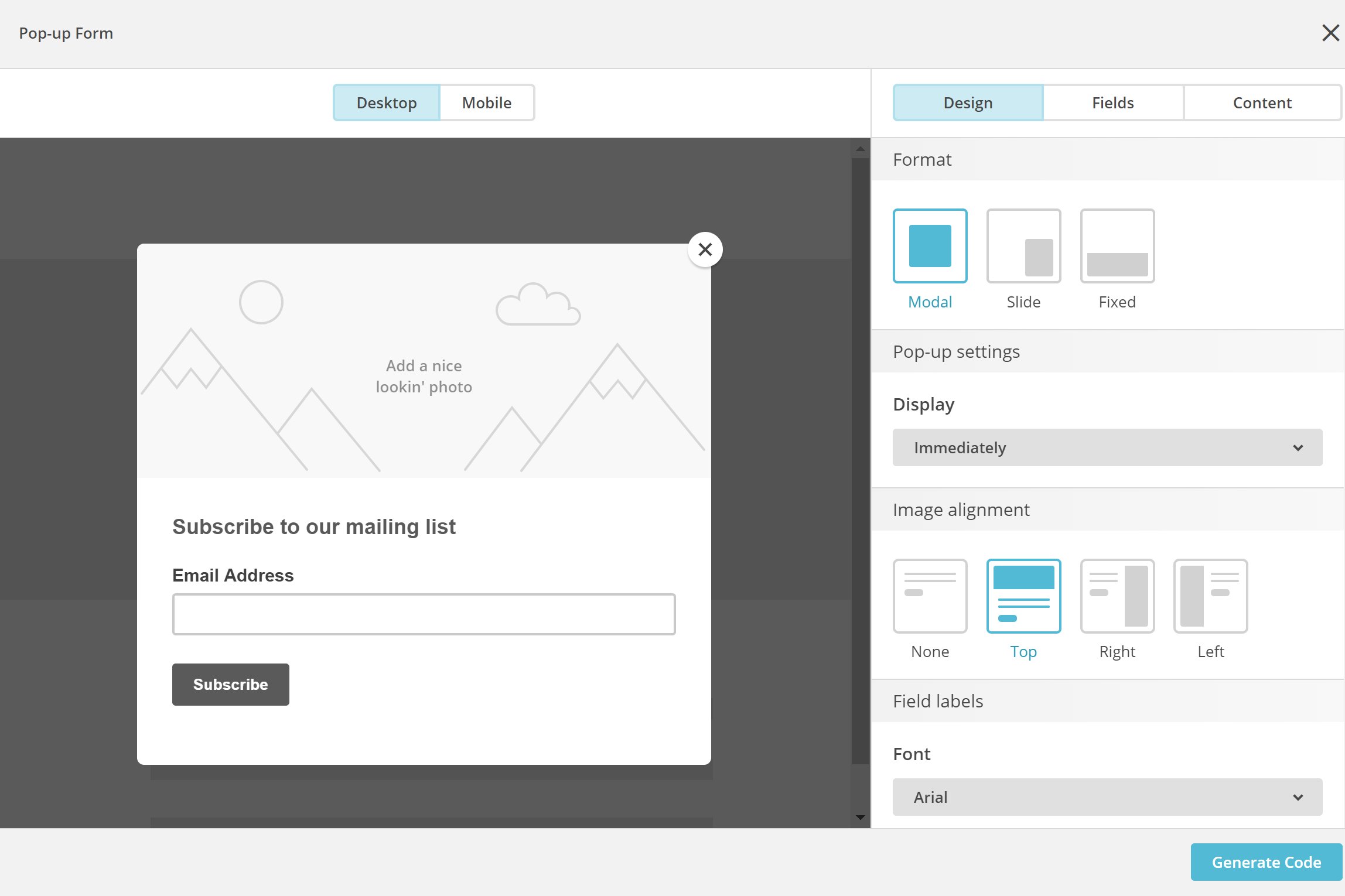 Customize your pop-up with the MailChimp pop-up creation tool