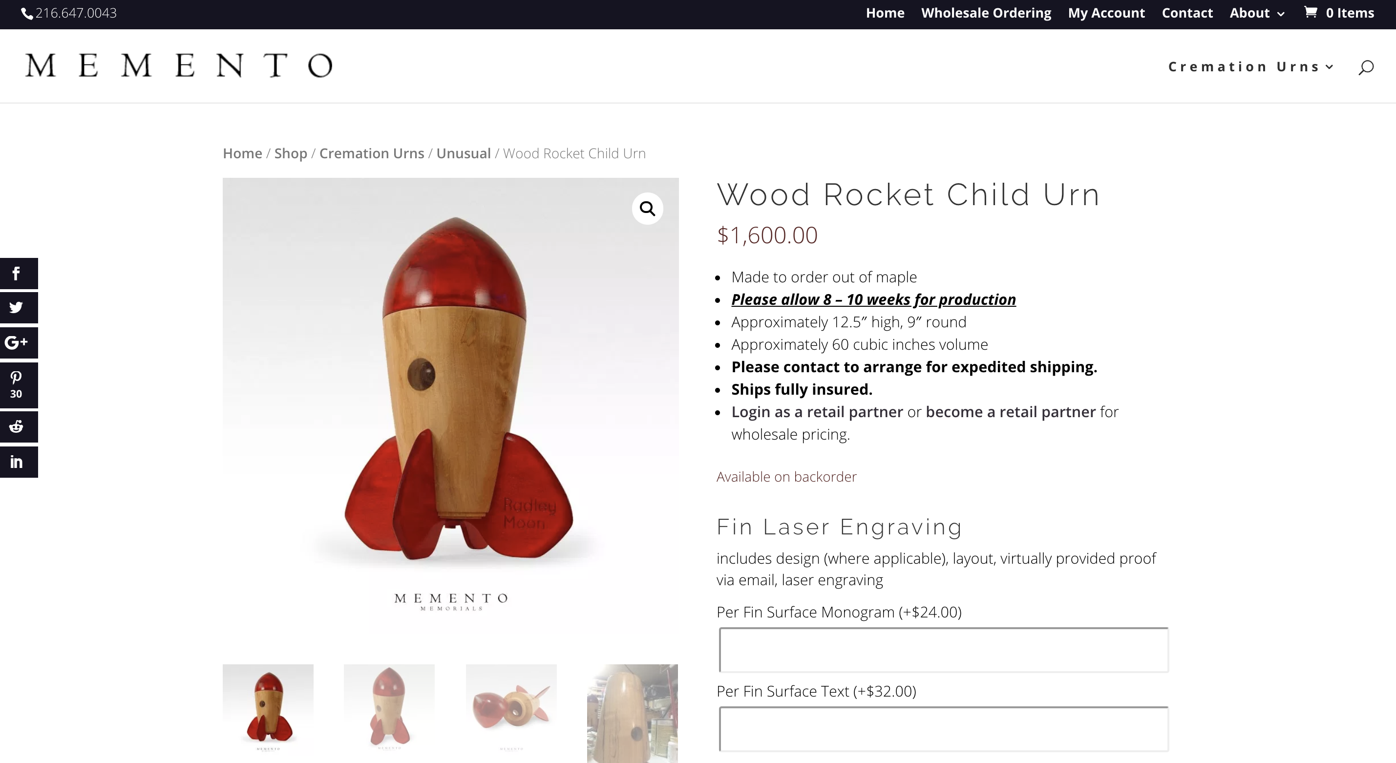 Rocket-shaped urn made from wood for a child.