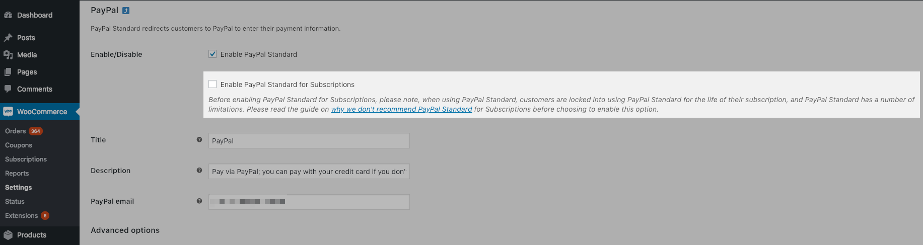 PayPal Standard for Subscriptions Setting - Disabled