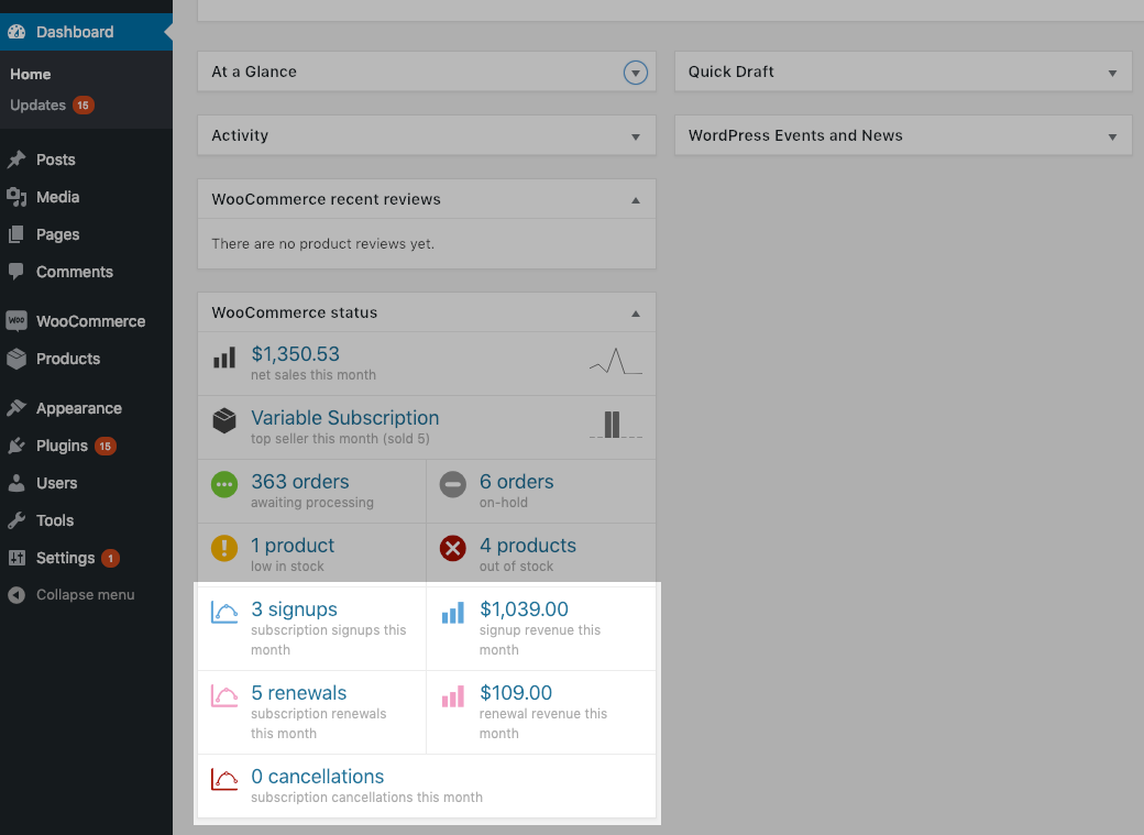 Subscriptions Information in WooCommerce Status Widget