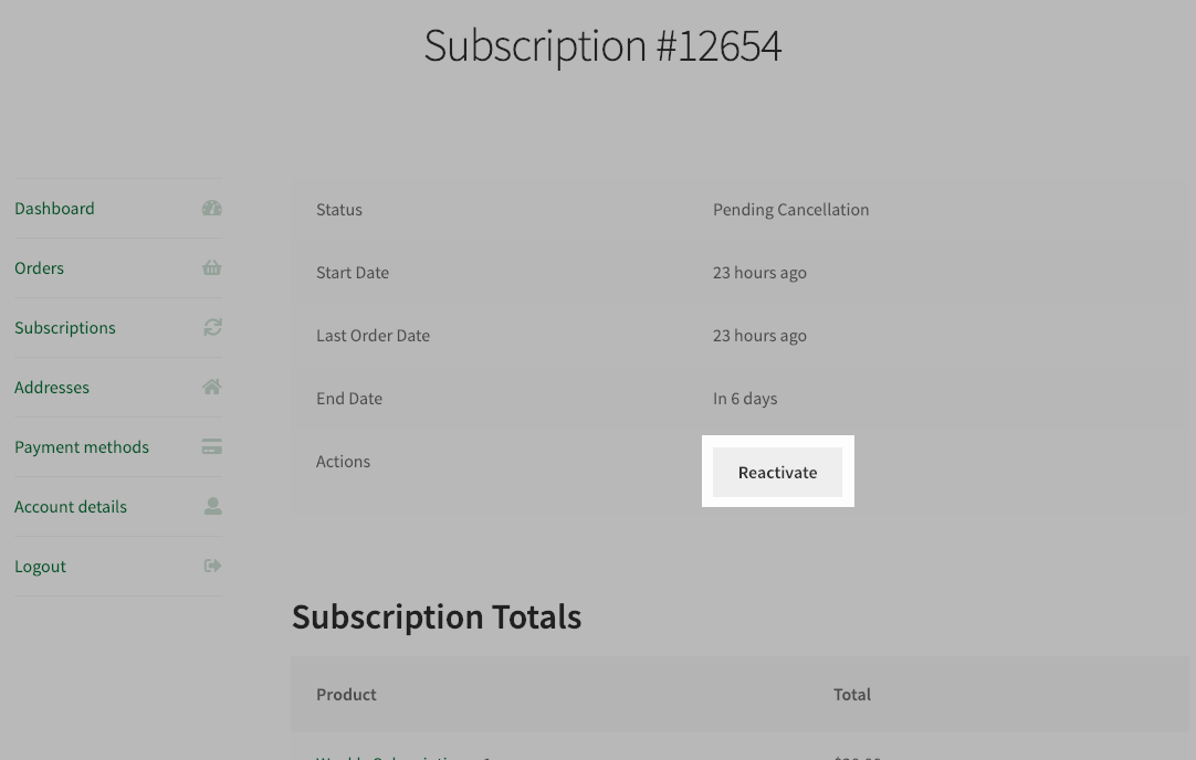 Reactivate Subscription – Customer View
