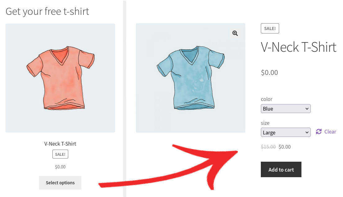 Select the size of a free gift WooCommerce