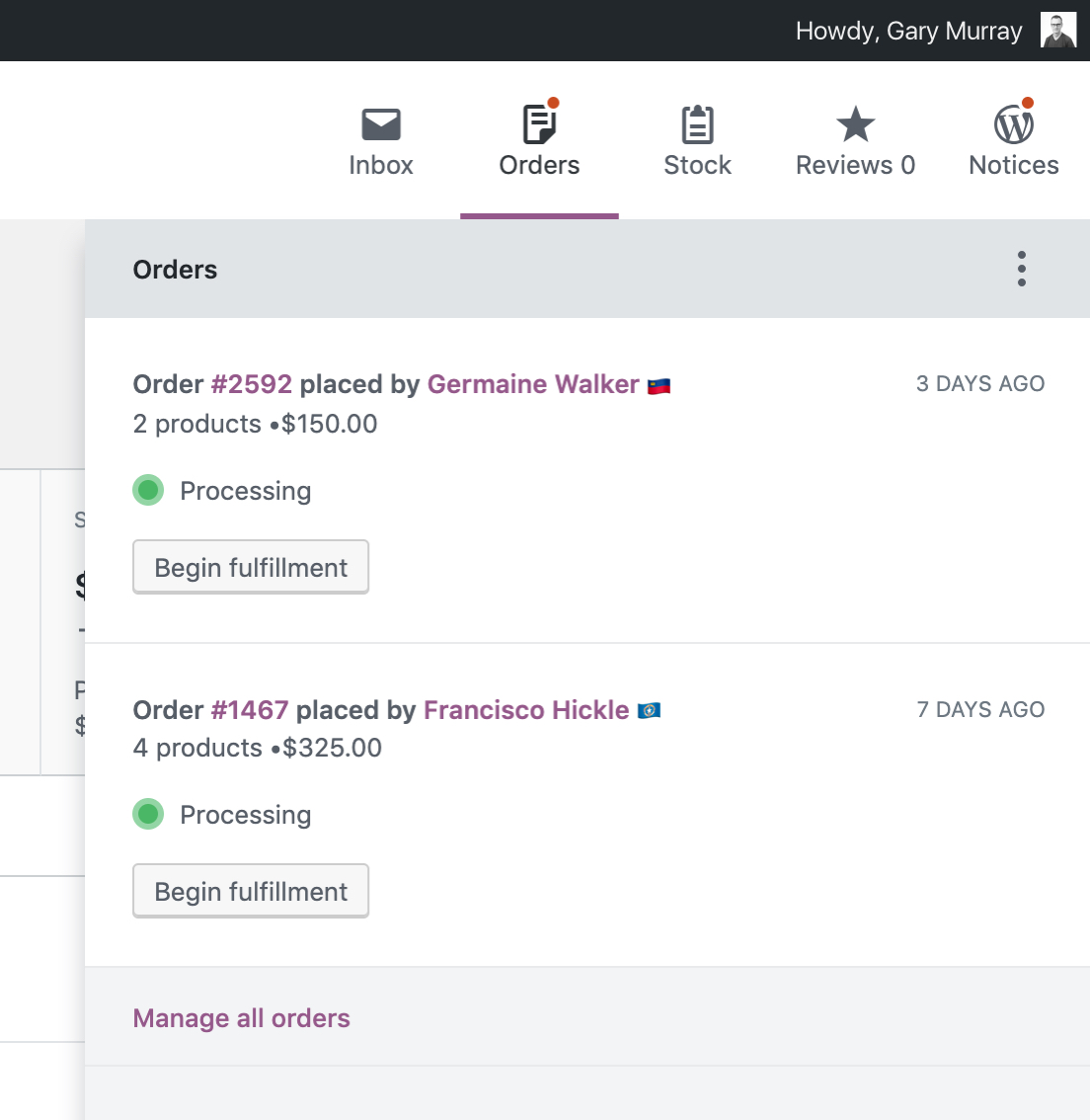 Store owners can fulfil orders, manage stock and inventory and store notifications from the new activity panel in WooCommerce Admin.