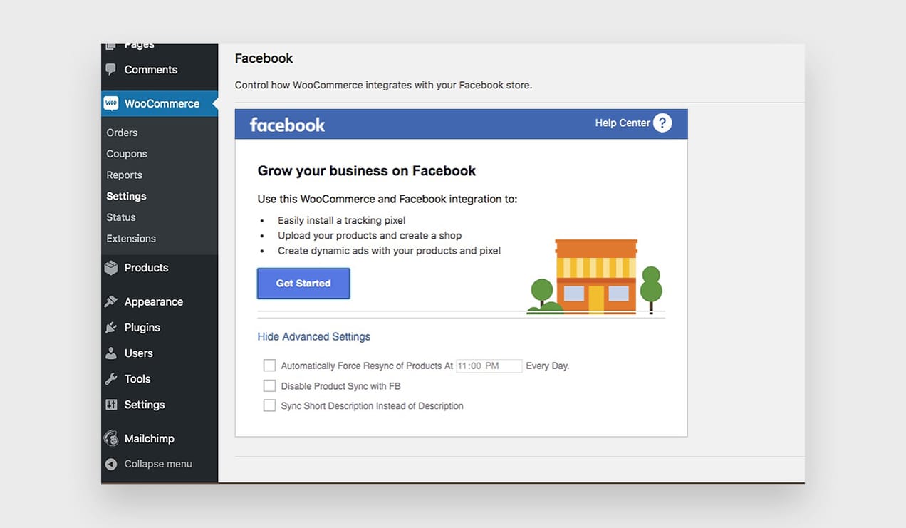 A screenshot of a Facebook for WooCommerce screen in WP Admin.