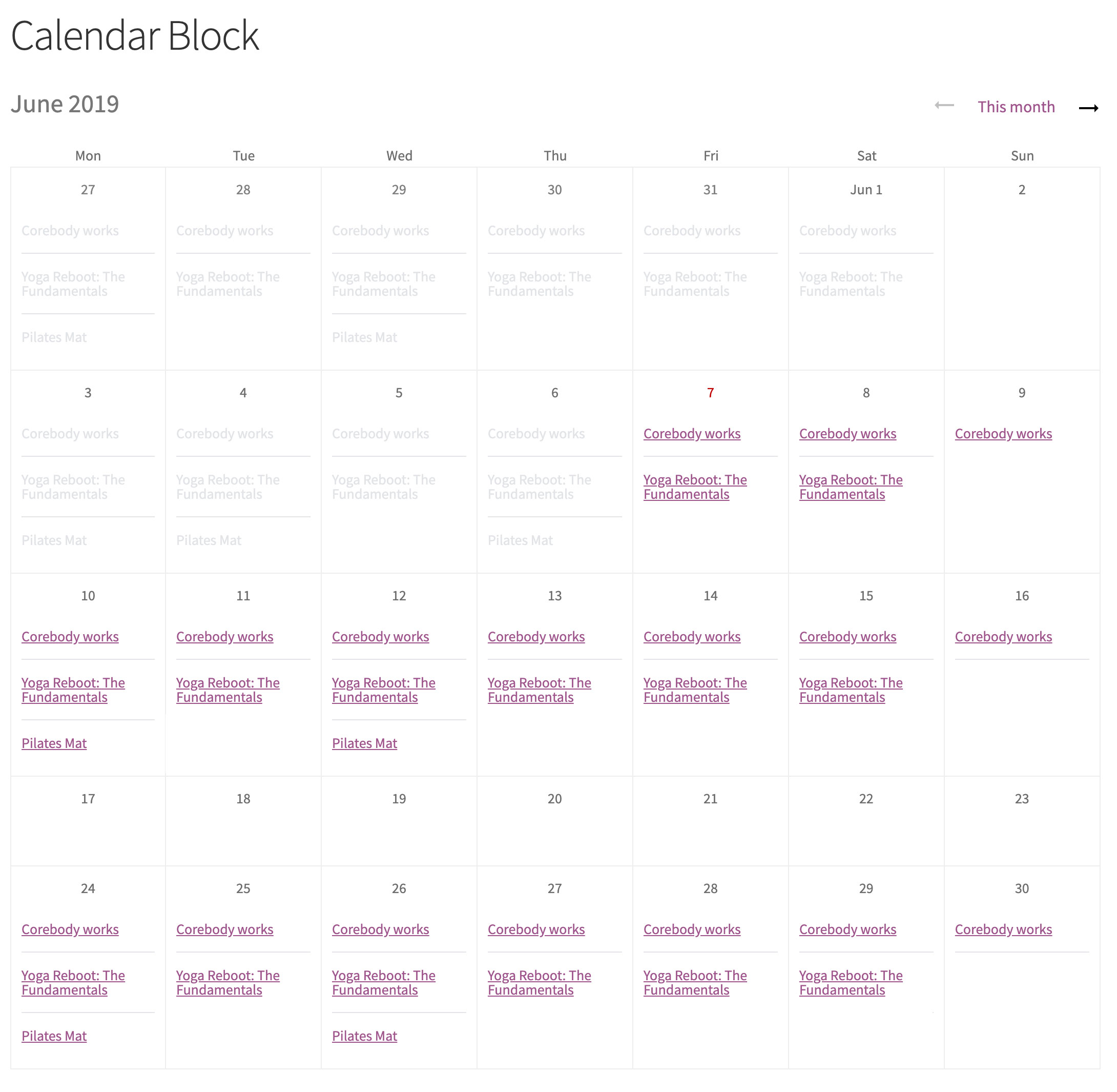 Display product availability for a given month in a calendar that allows customers to add directly to cart.