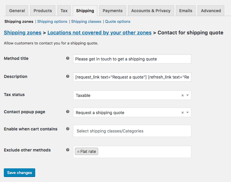 Contact for Shipping Quote instance settings
