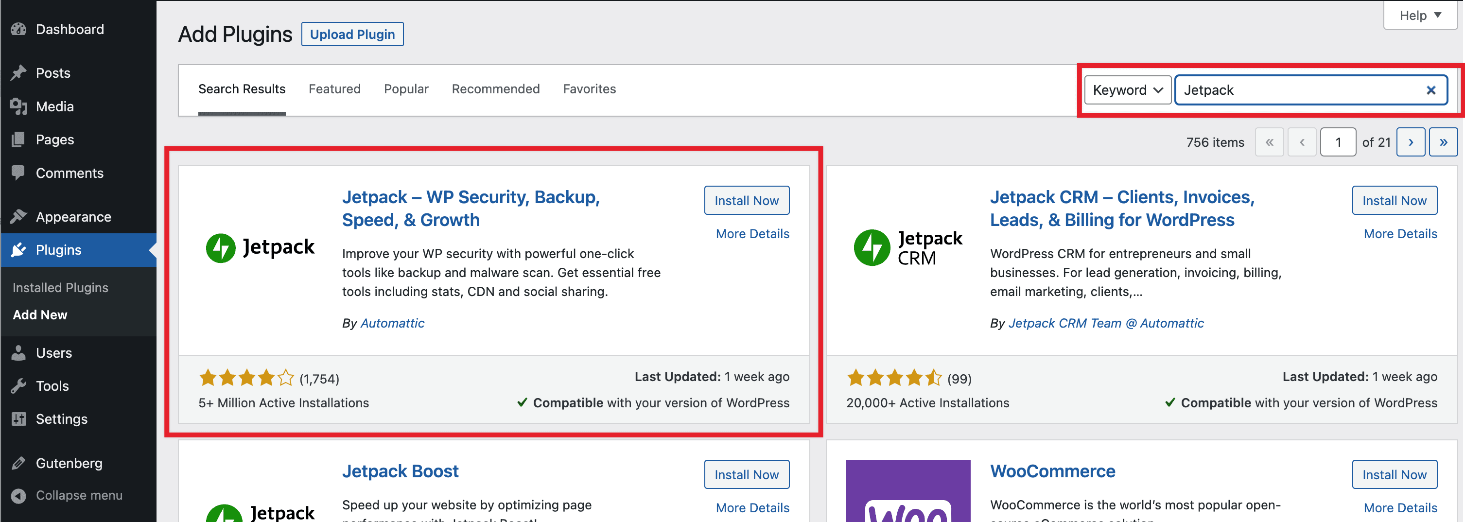 Tìm kiếm plugin Jetpack trong wp-admin