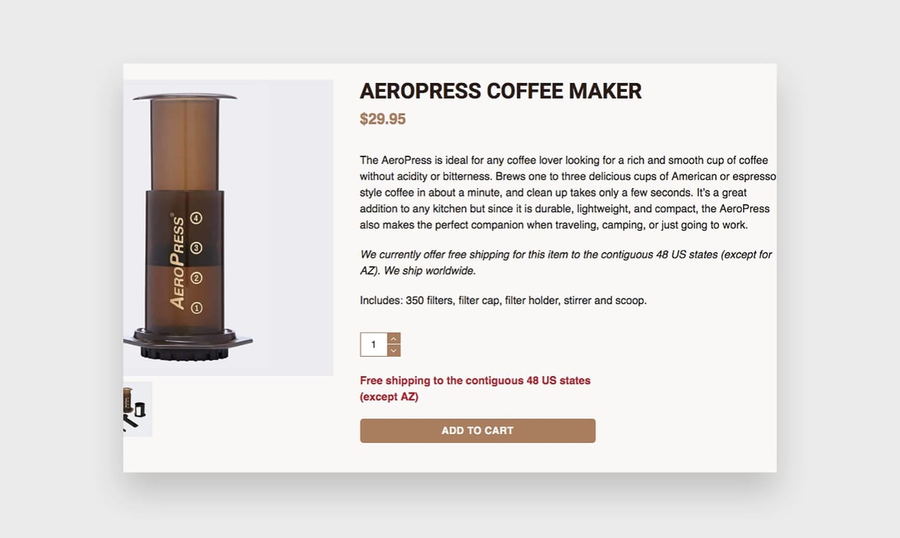 Screenshot from the Aeropress website, which demonstrates how to write a good product description.