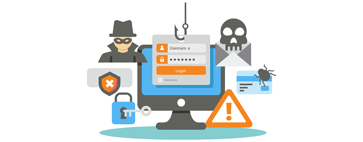 illustration of security, with icons demonstrating hackers, error messages, and locks