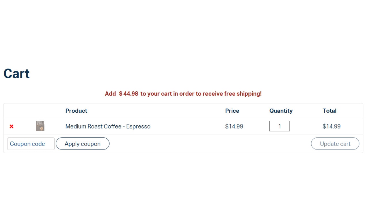 Screenshot of cart page prompting a customer to qualify for free shippingt