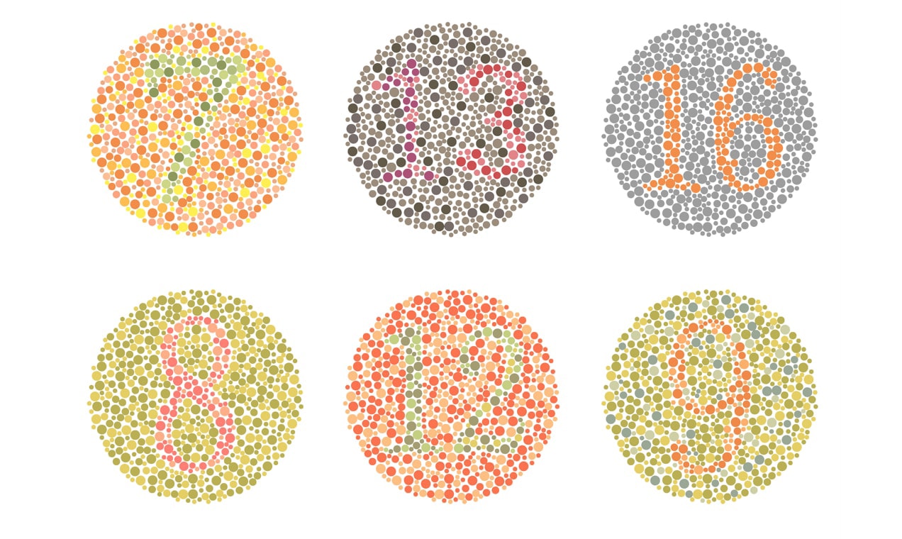 An example of the Ishihara Color Blindness Test – circles filled with dots and numbers in different colors.