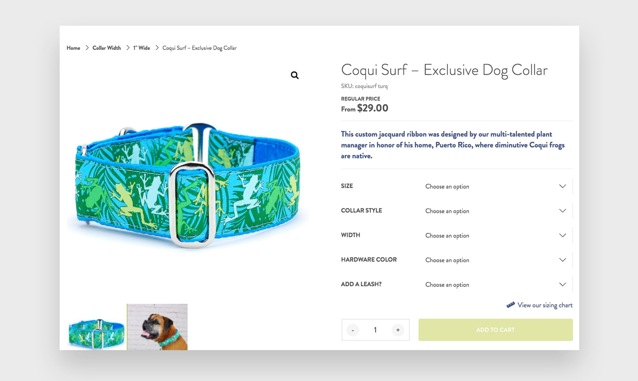 Screenshot of a product page from 2 Hounds Design, which uses WooCommerce to allow product customizations.
