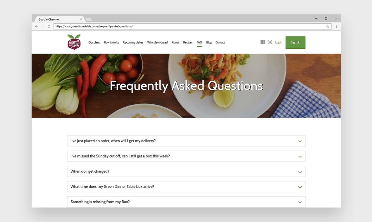 screenshot of Green Dinner Table's FAQ page showing accordion questions