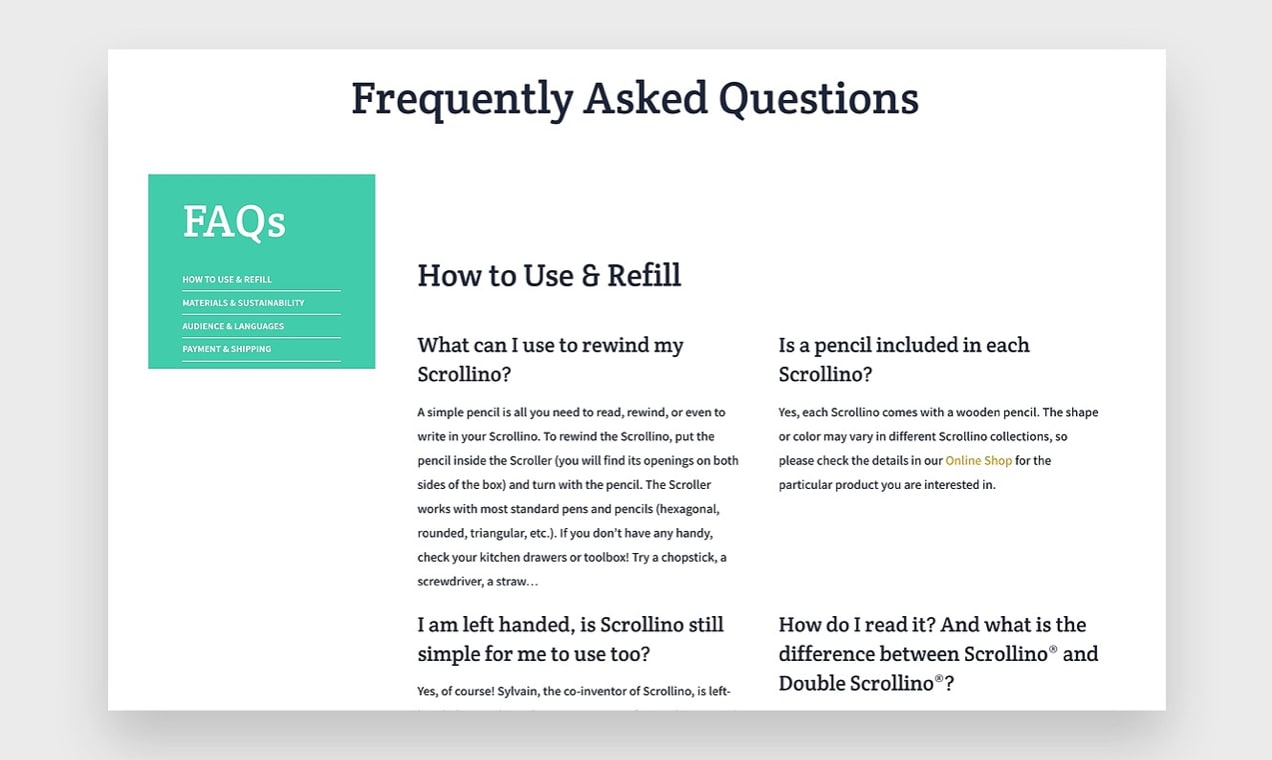 screenshot of Scrollino's FAQ page with categorized questions