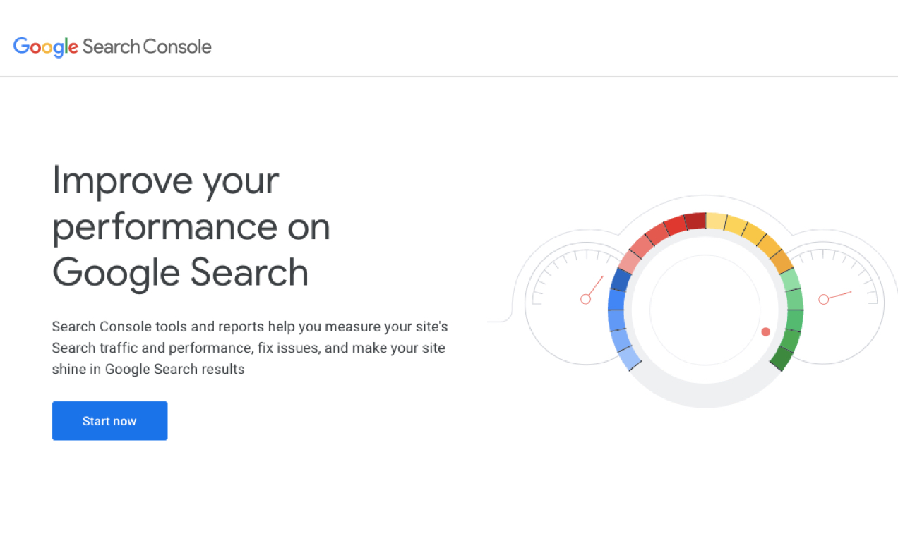 screenshot of Google Search Console home page with button to Start Now