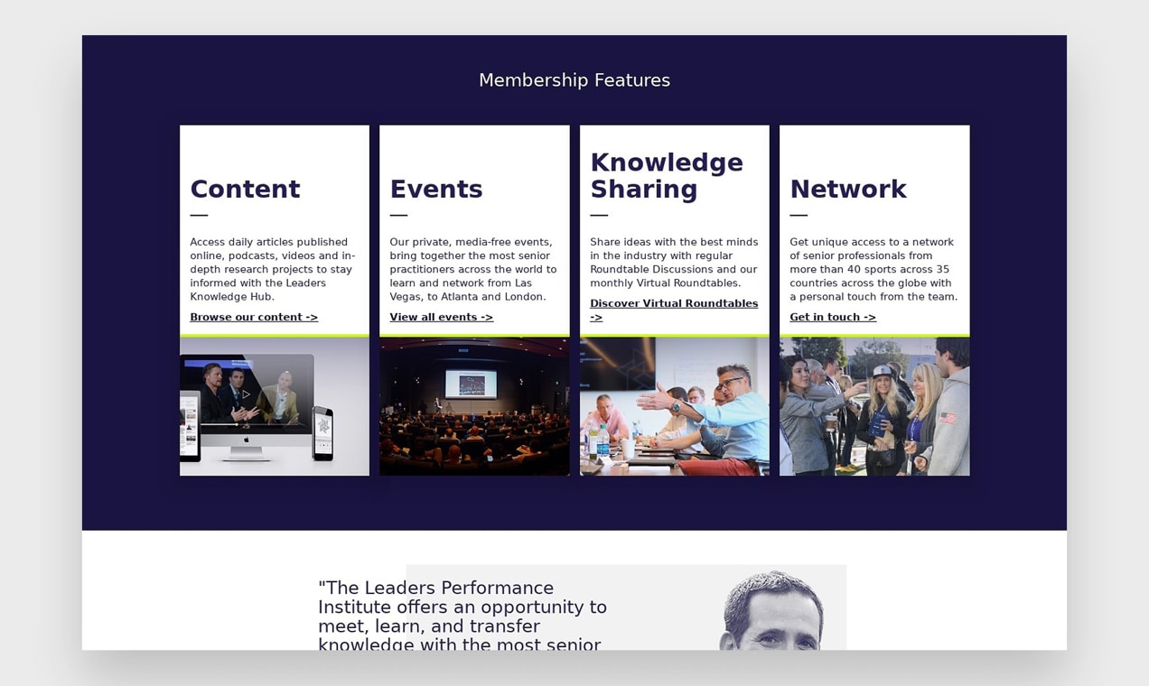 Screenshot of Leaders in Sport membership features area