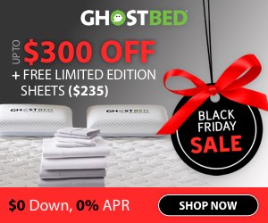 GhostBed ad, with bright red text and a holiday ornament