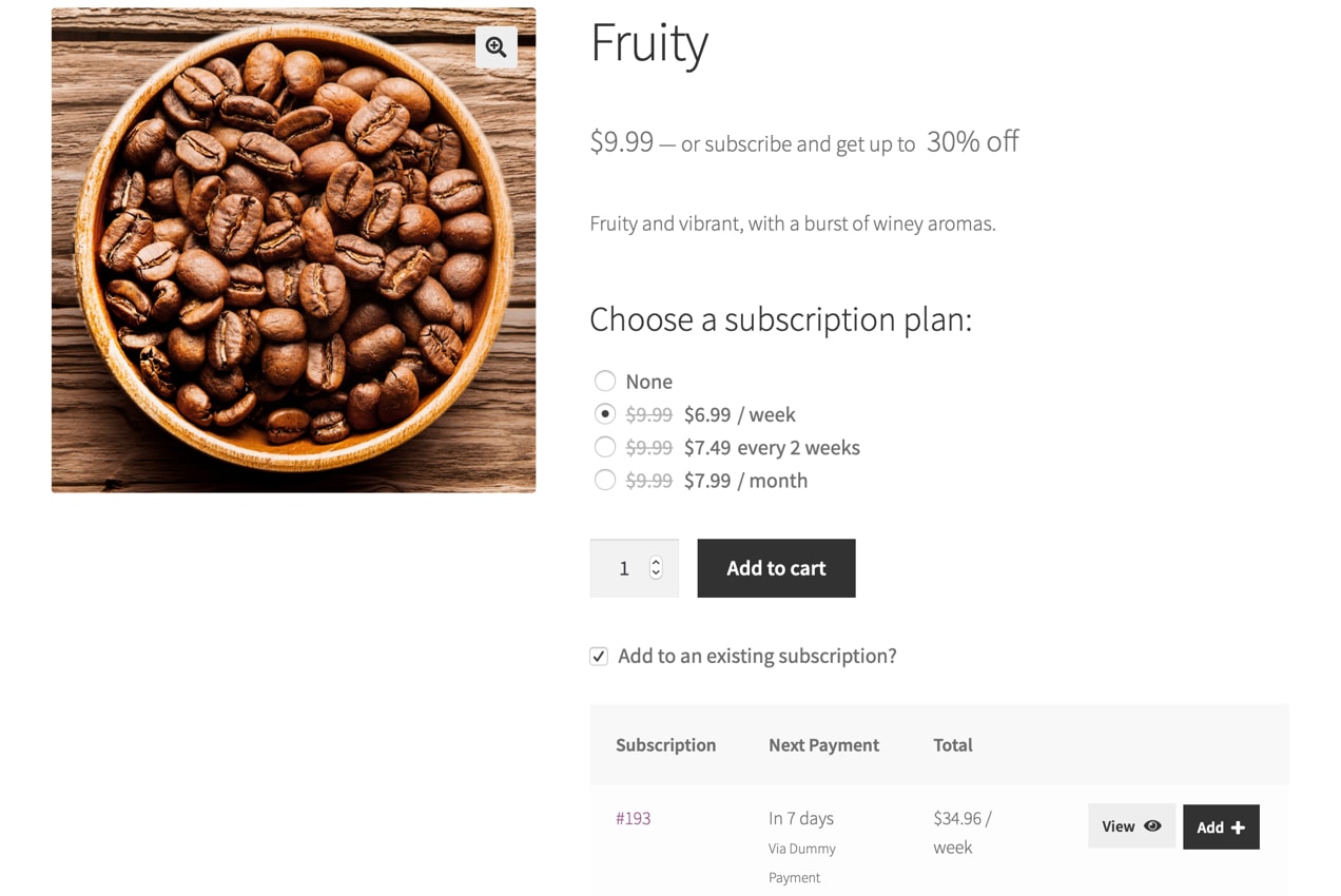 example of product page using the All Products for WooCommerce Subscriptions extension