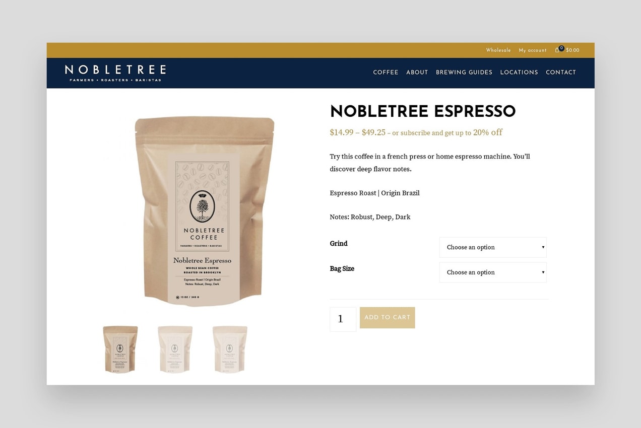 screenshot of NobleTree product page, showing subscription options