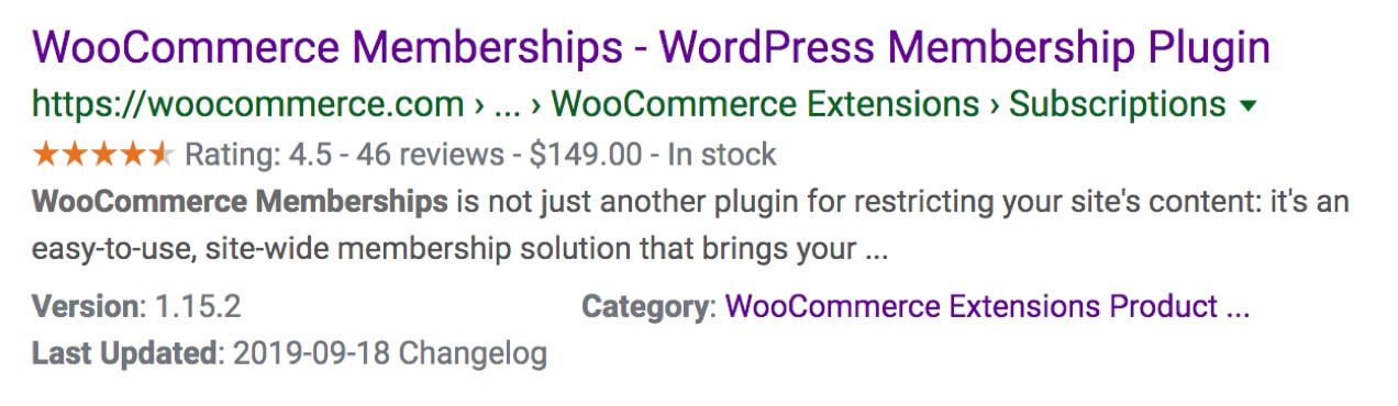search example for WooCommerce Memberships showing Schema markup