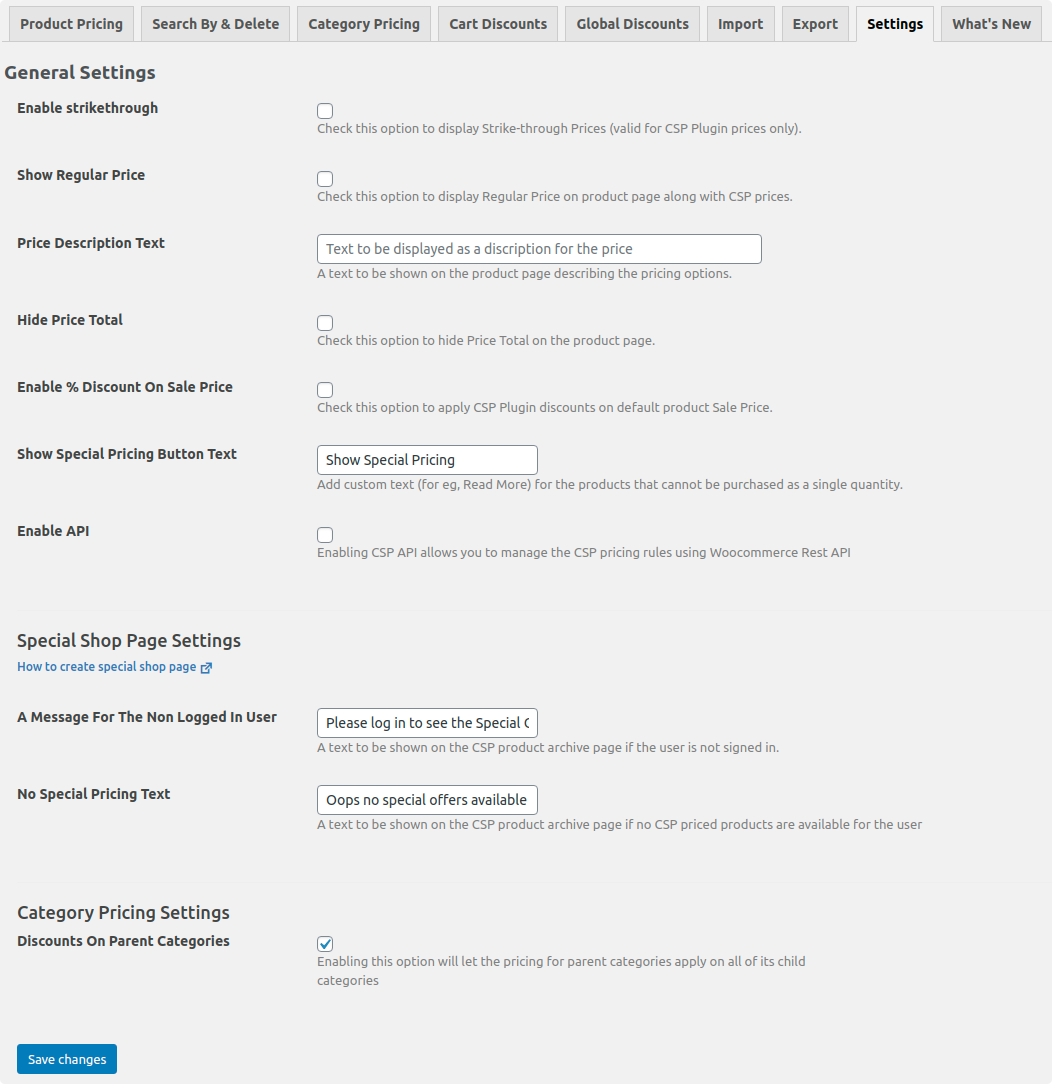 customer-specific pricing general settings page