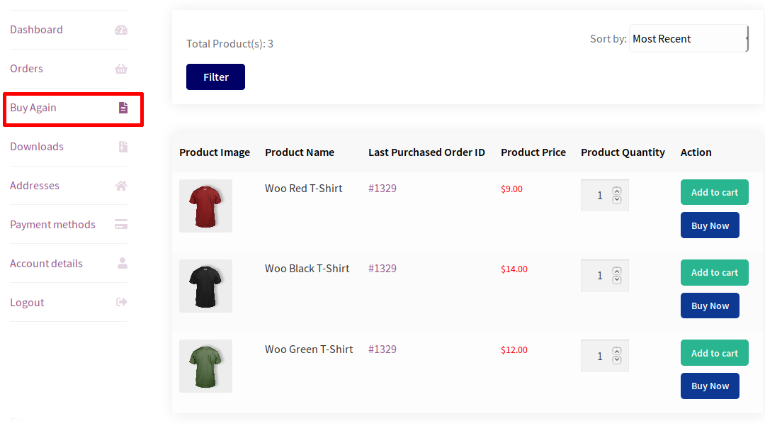 Buy Again for WooCommerce – Users can Quickly Re-purchase Products