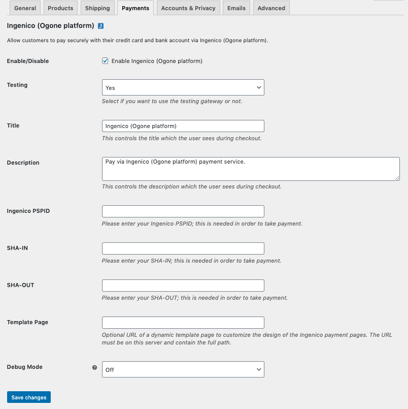 WooCommerce Ingenico (Ogone Platform) Admin Settings
