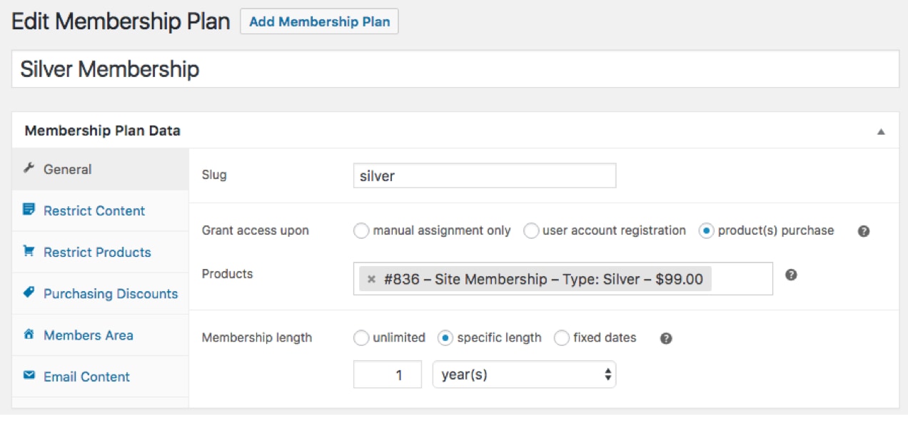 Membership Plan Data screen from WooCommerce