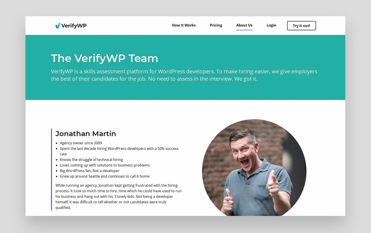 VerifyWP Team About page showing creative team photos