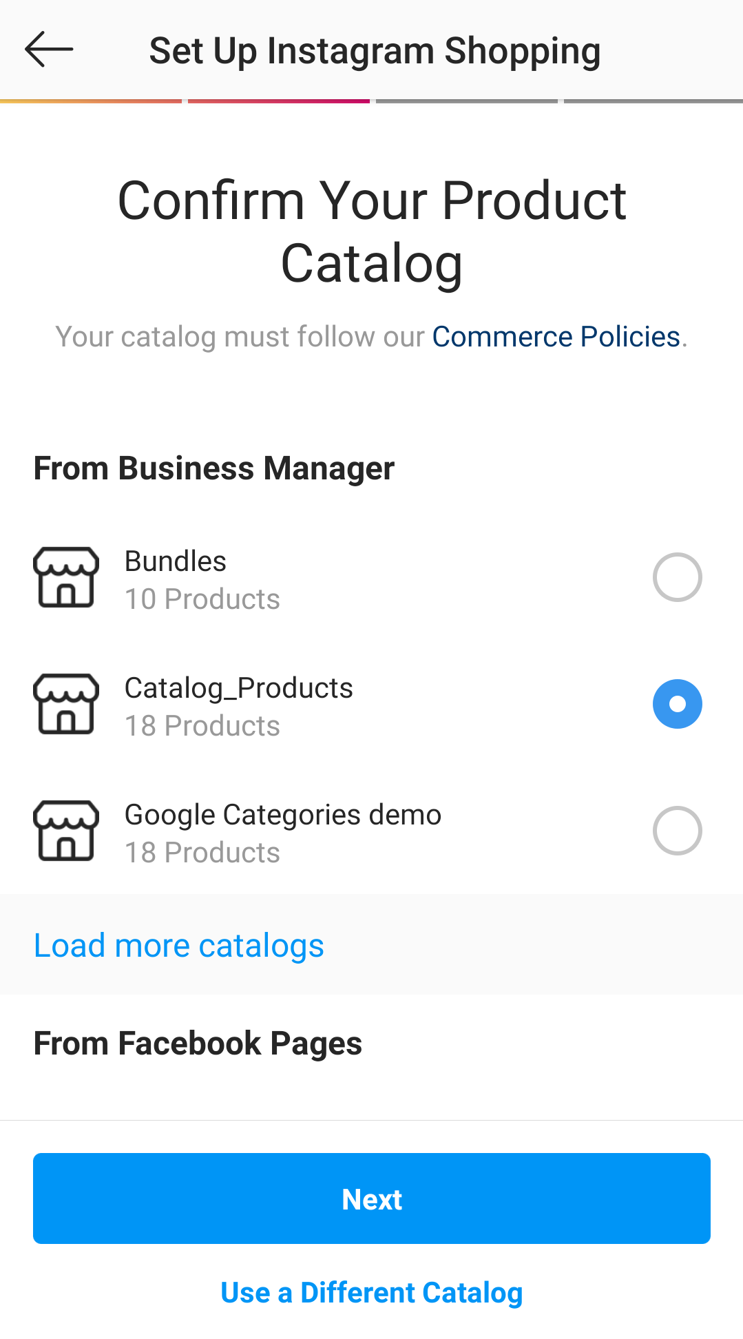Select the catalog for Instagram Shopping