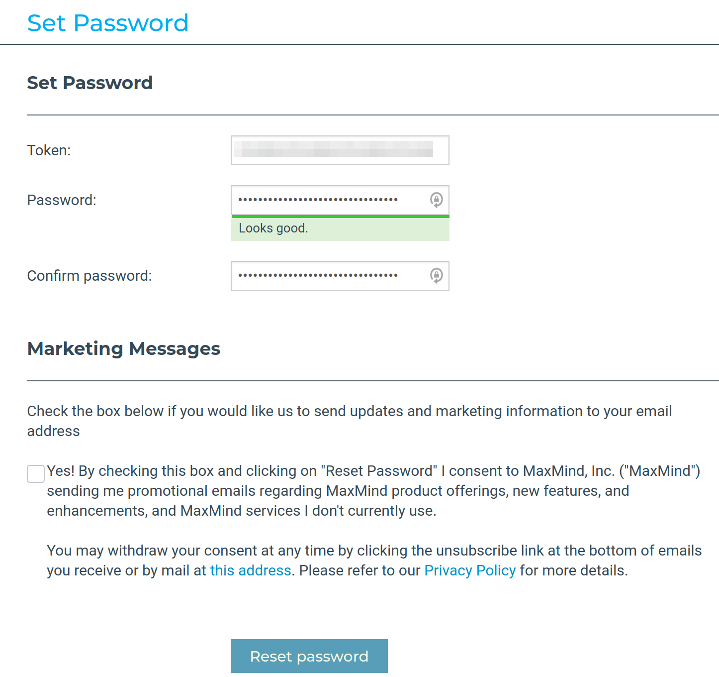MaxMind set password form