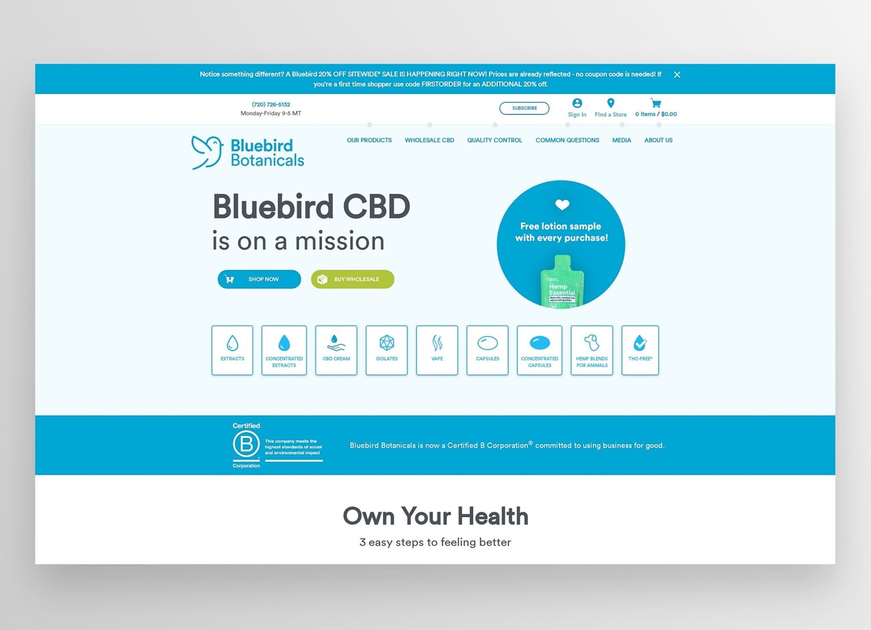 Bluebird CBD home page, selling CBD with WooCommerce