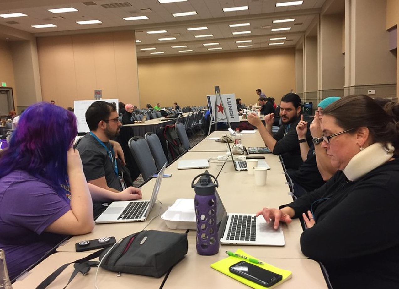 WordPress users collaborating at WordCamp U.S.