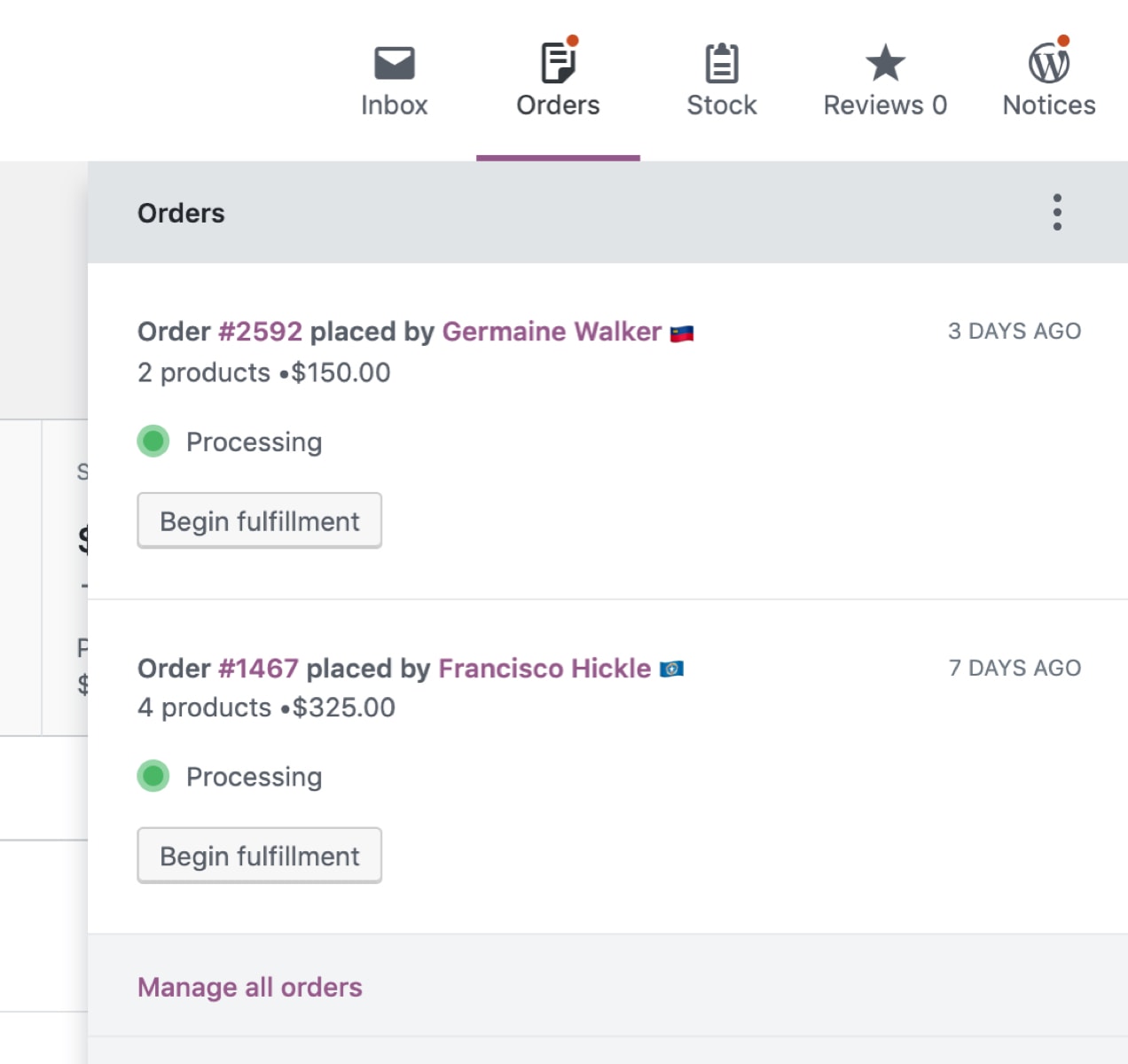 WooCommerce 4.0 activity panel showing new orders placed