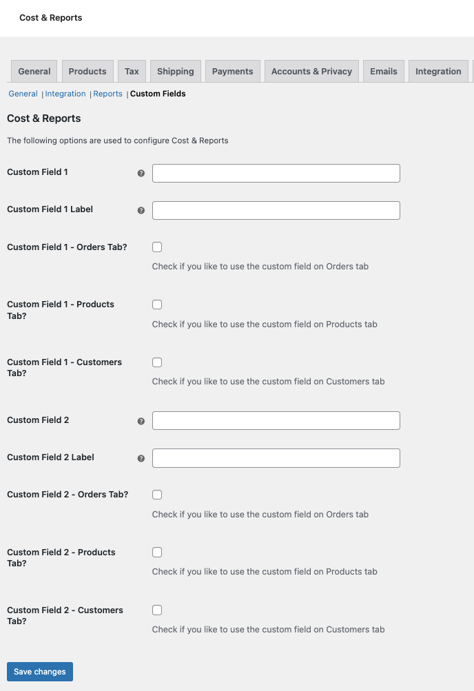 Cost & Reports - settings - custom fields