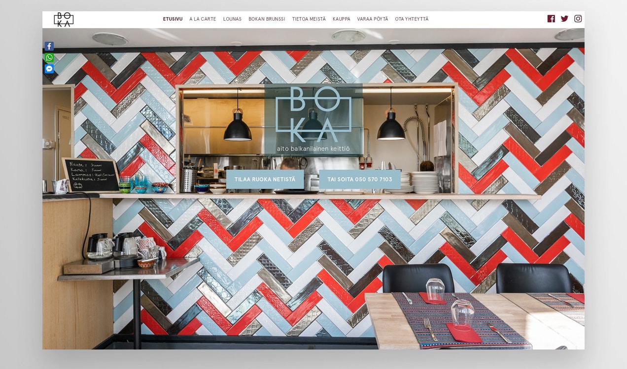 Boka home page with colorful photo and buttons for online ordering