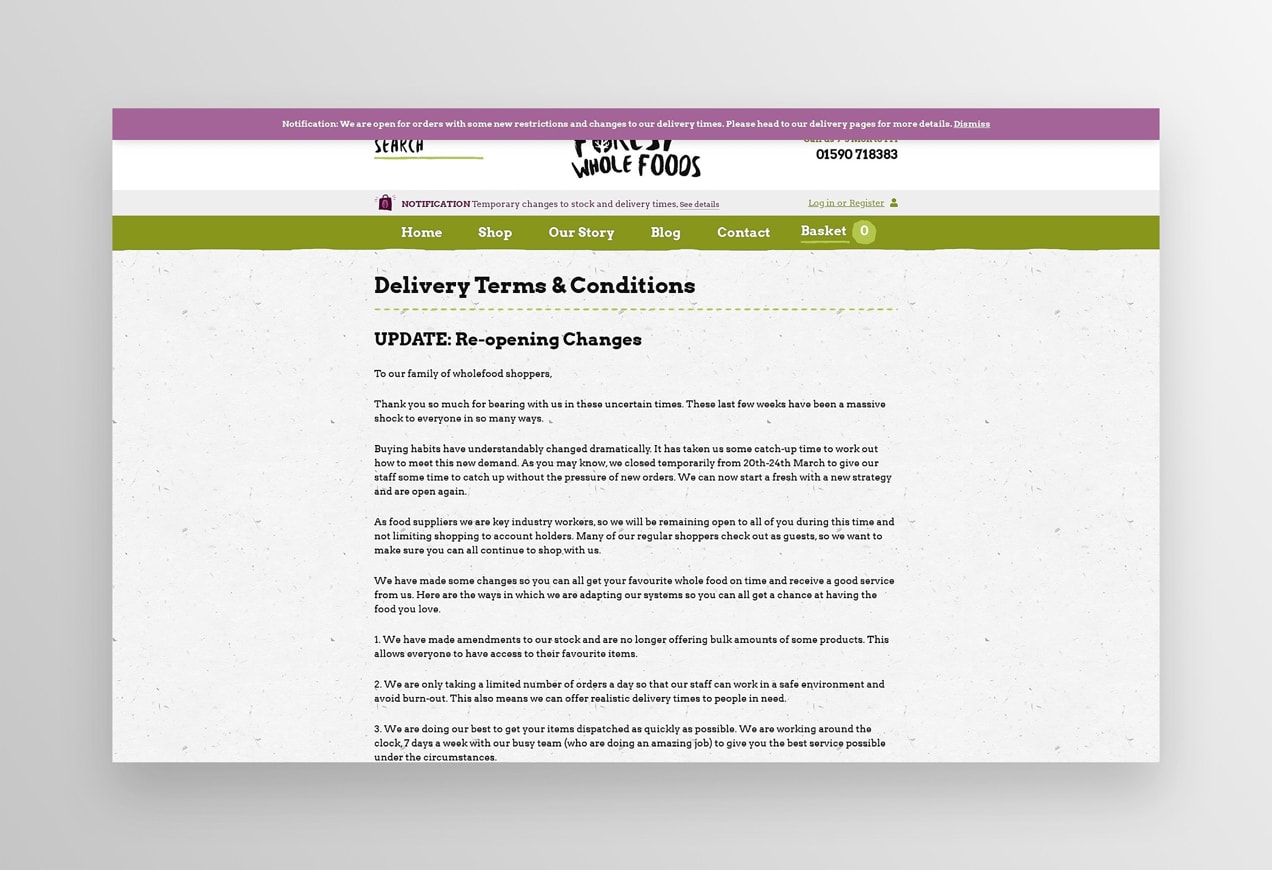 delivery page from the Forest Whole Foods website with updated terms and conditions