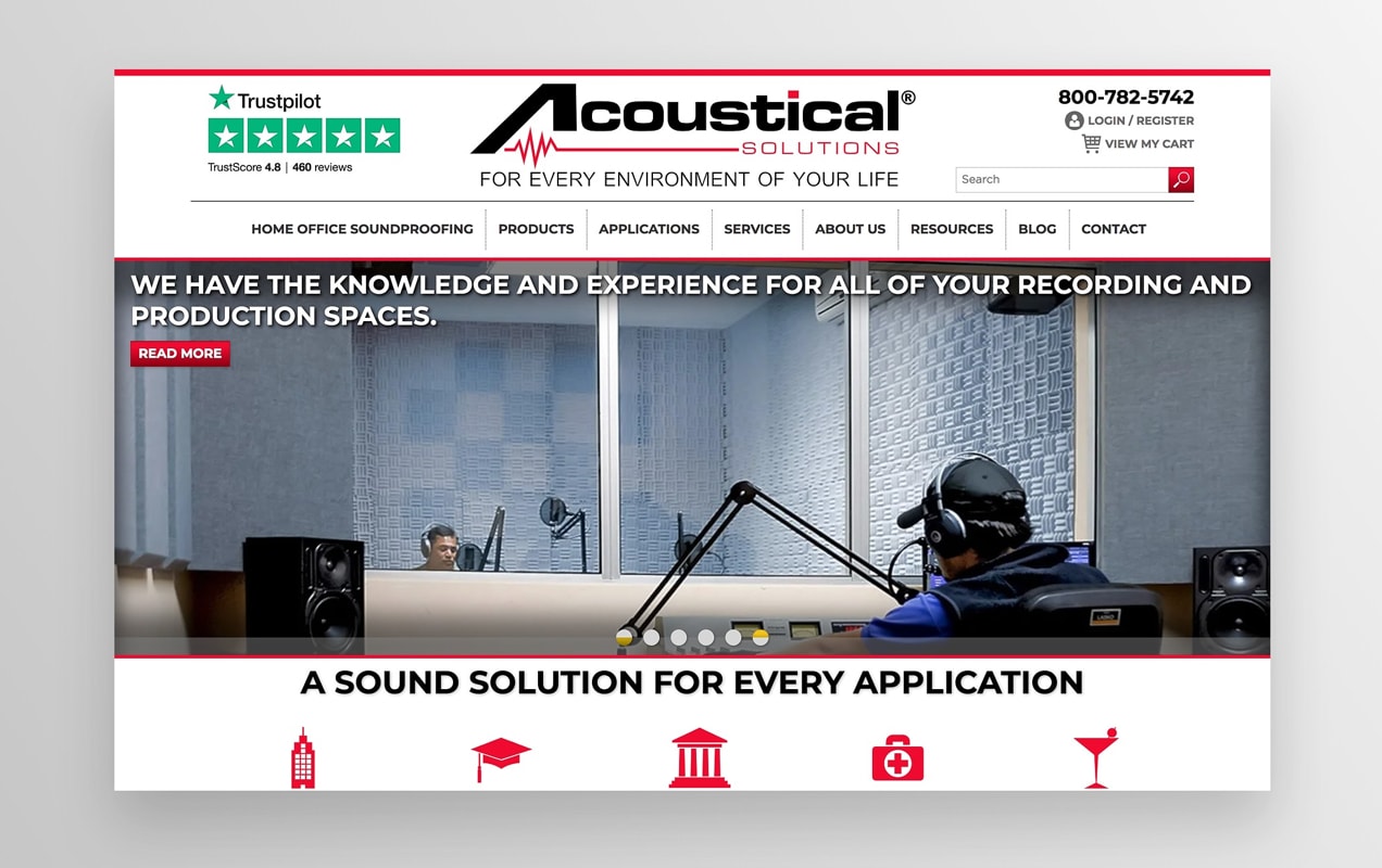Acoustical Solutions home page showcasing their products